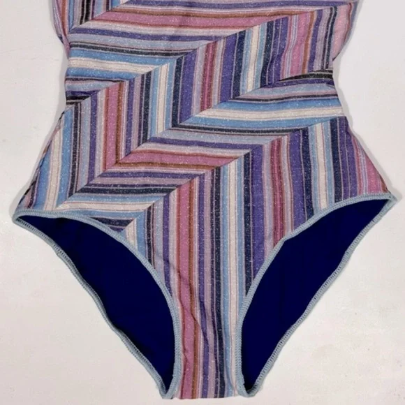 NEW BECCA Purple/Blue South Coast Printed Metallic Asymmetrical One-Piece Size M - Picture 7 of 11